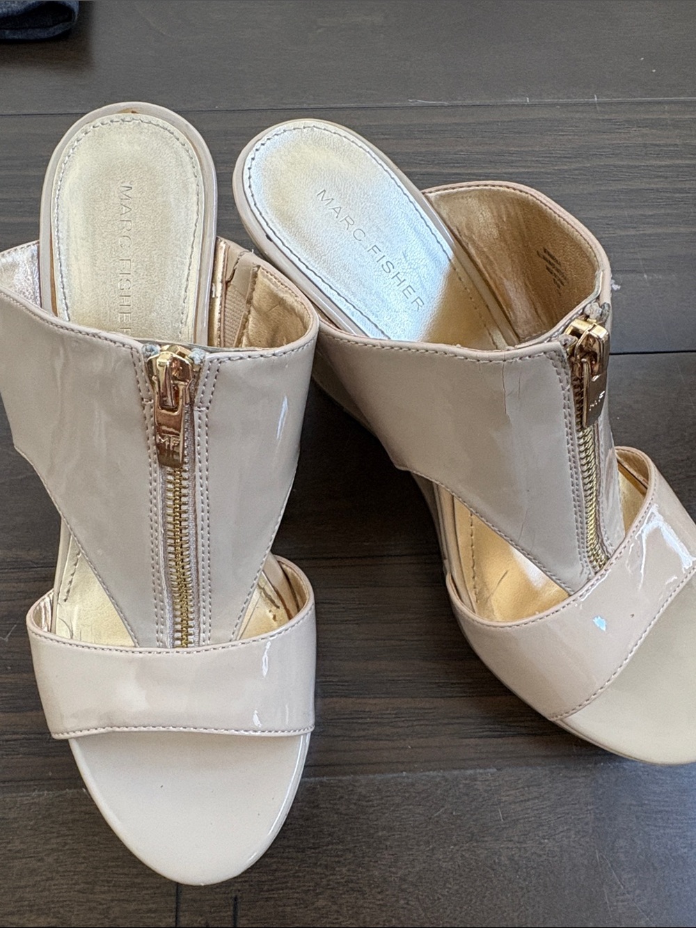 Marc Fisher Patent Nude Zip-Front Open-Toe Mules